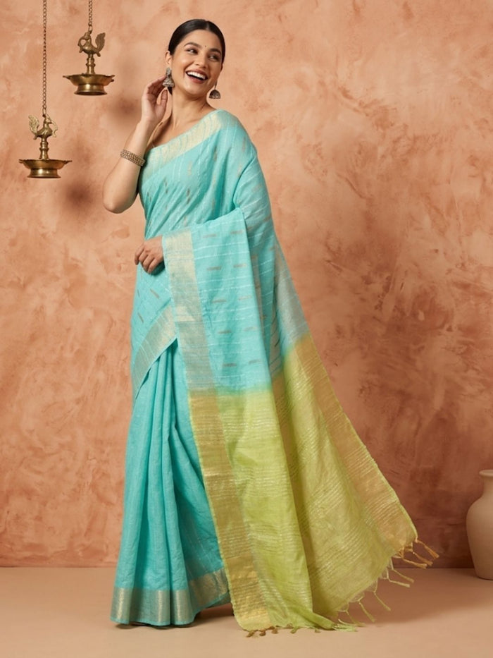 Indiehaat | Hand Dyed Kota Silk Dupion Stripe Saree Blue