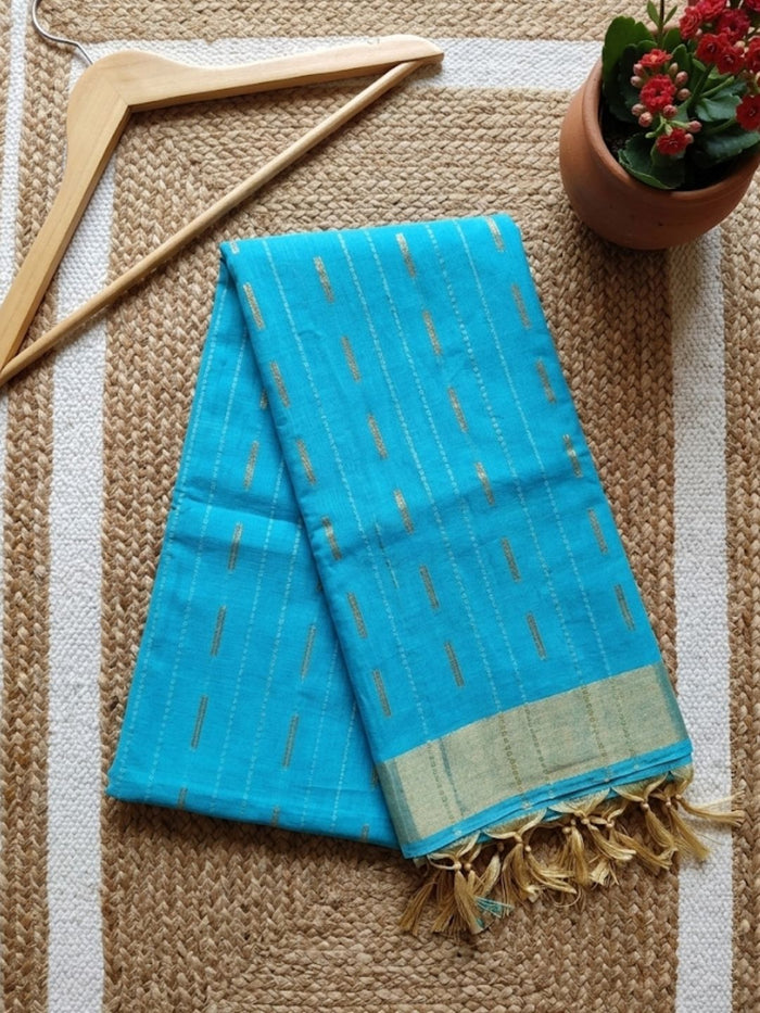 Indiehaat | Hand Dyed Kota Silk Dupion Stripe Saree Blue