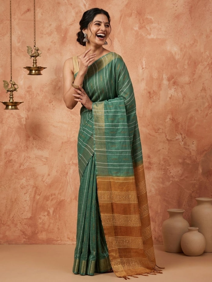 Indiehaat | Hand Dyed Kota Silk Dupion Stripe Saree Green