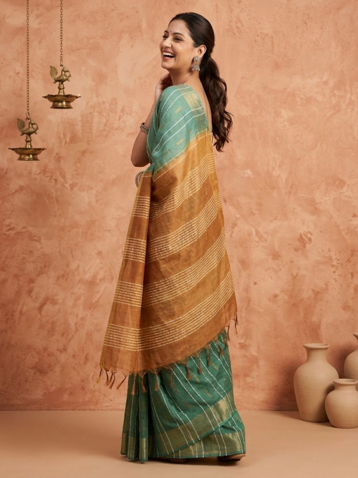 Indiehaat | Hand Dyed Kota Silk Dupion Stripe Saree Green