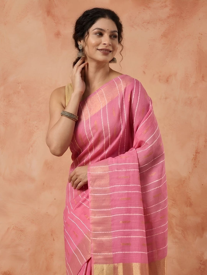Indiehaat | Hand Dyed Kota Silk Dupion Stripe Saree Pink