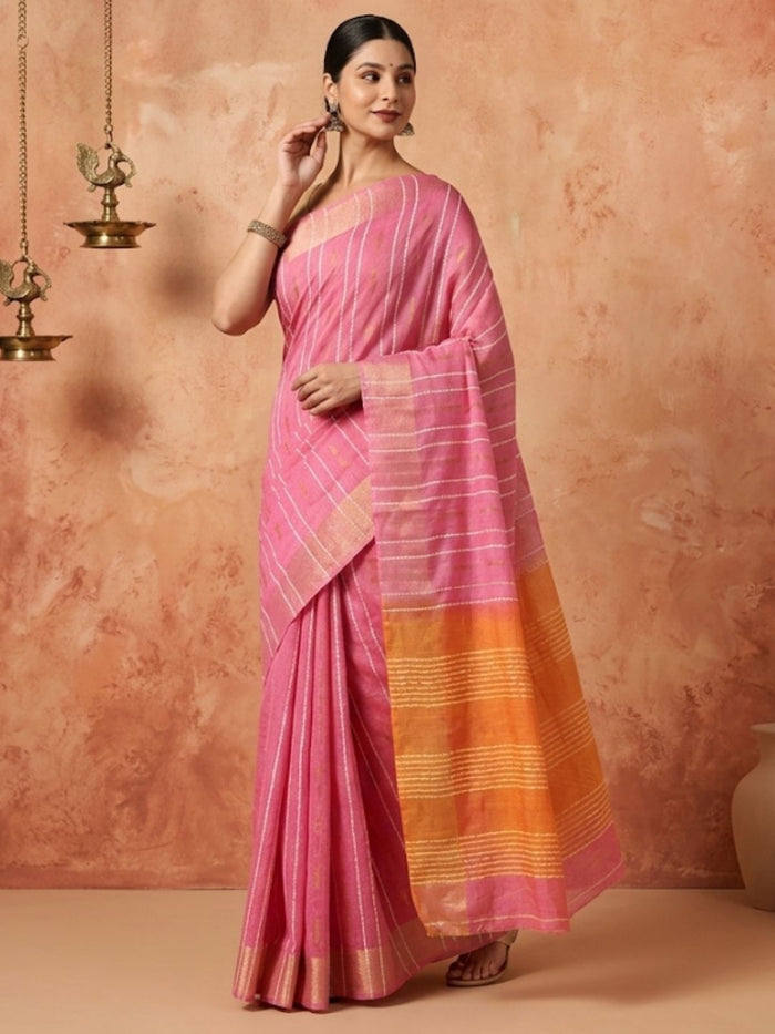 Indiehaat | Hand Dyed Kota Silk Dupion Stripe Saree Pink