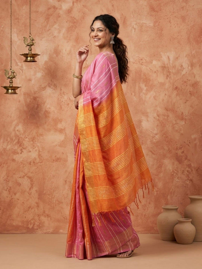 Indiehaat | Hand Dyed Kota Silk Dupion Stripe Saree Pink