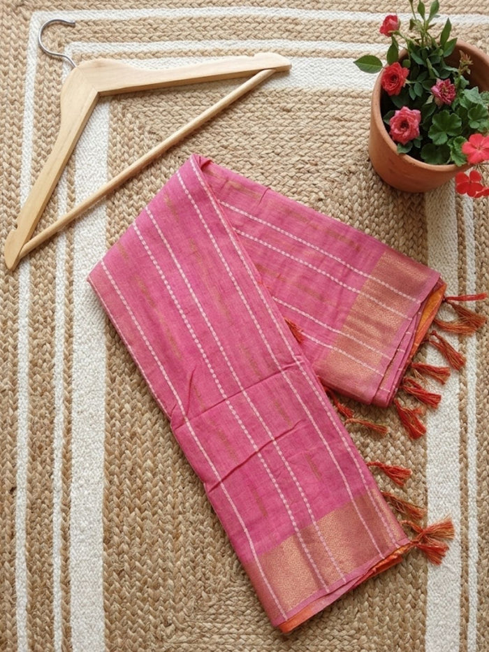Indiehaat | Hand Dyed Kota Silk Dupion Stripe Saree Pink