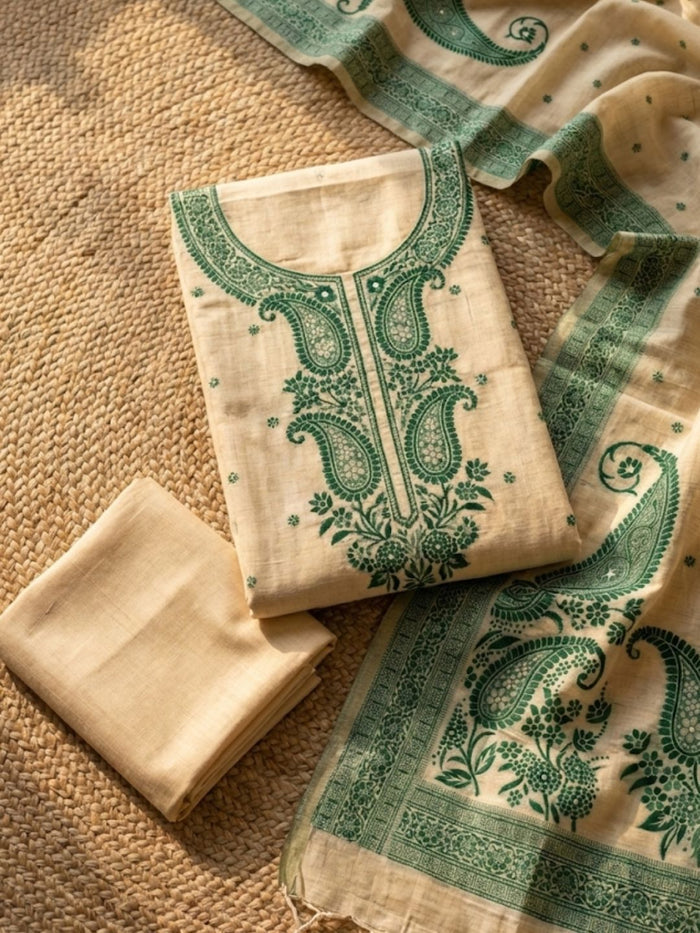 Indiehaat | Jamdani Cotton Suit Material Cream