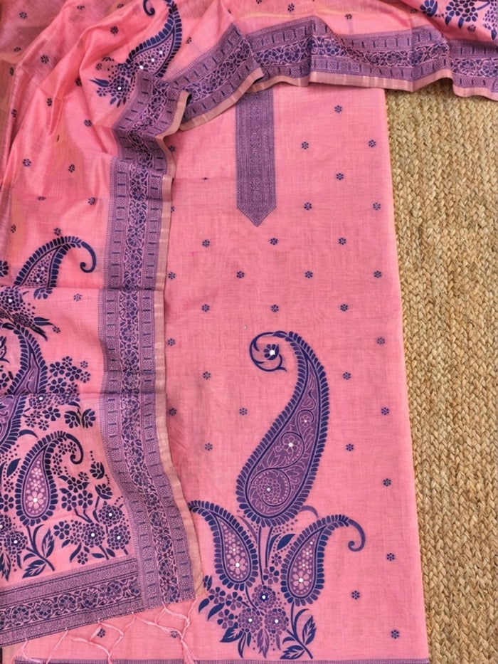 Indiehaat | Jamdani Cotton Suit Material Pink