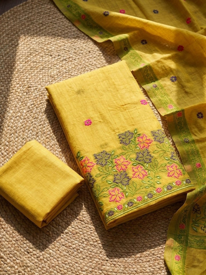 Indiehaat | Jamdani Cotton Suit Material Yellow