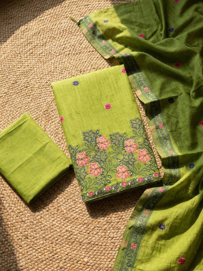 Indiehaat | Jamdani Cotton Suit Material Green