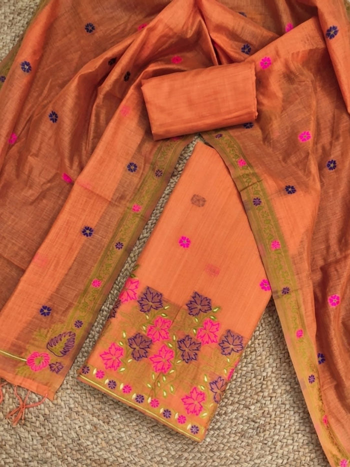 Indiehaat | Jamdani Cotton Suit Material Peach