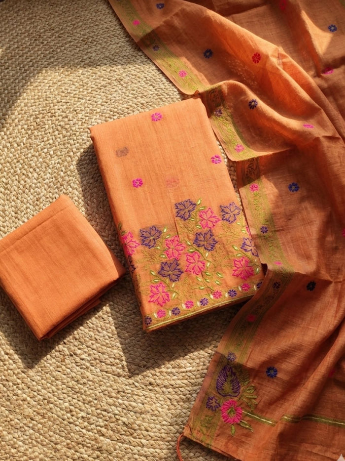 Indiehaat | Jamdani Cotton Suit Material Peach