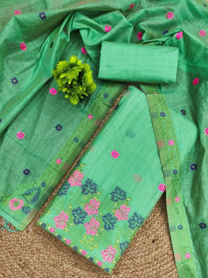 Indiehaat | Jamdani Cotton Suit Material Green