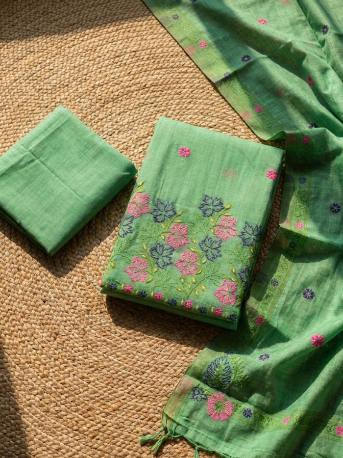 Indiehaat | Jamdani Cotton Suit Material Green