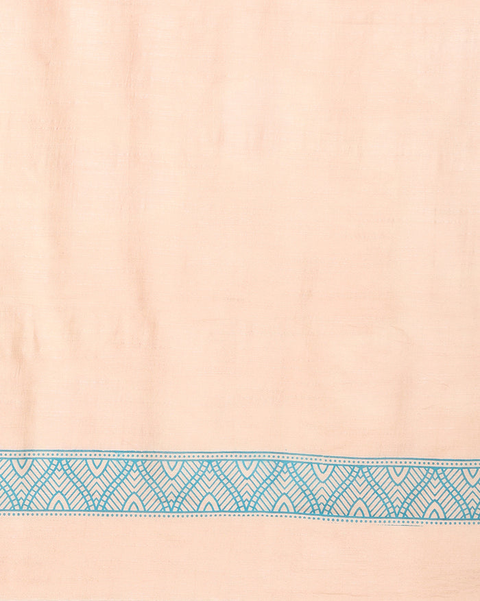 Royal blue Katan silk unstitched suit set with medium-scale cream floral and paisley block print, light pink detail inside the blooms and a tasselled dupatta edge