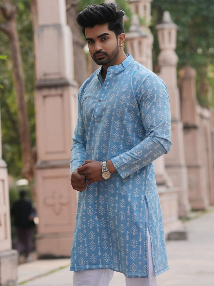 Indiehaat | Pure Cotton Block Print Kurta Pyjama Blue