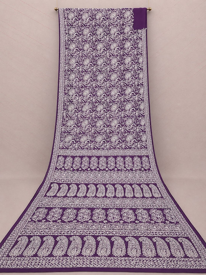 Indiehaat | Purple Georgette Chikankari Saree | Party Wear