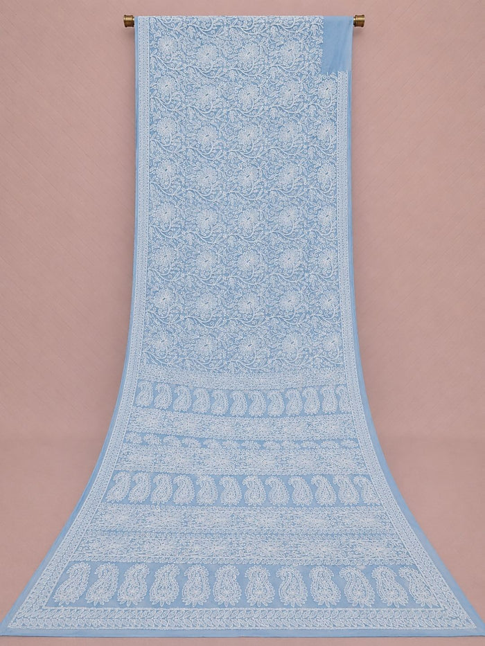 Indiehaat | Blue Georgette Chikankari Saree | Party Wear