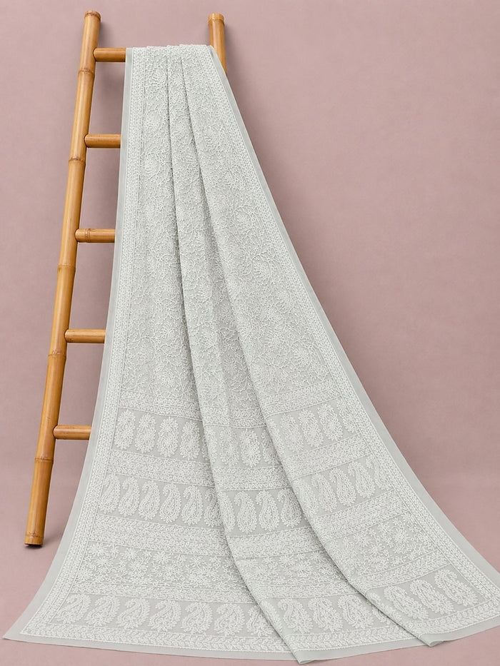 Indiehaat | Gray Georgette Chikankari Saree | Party Wear