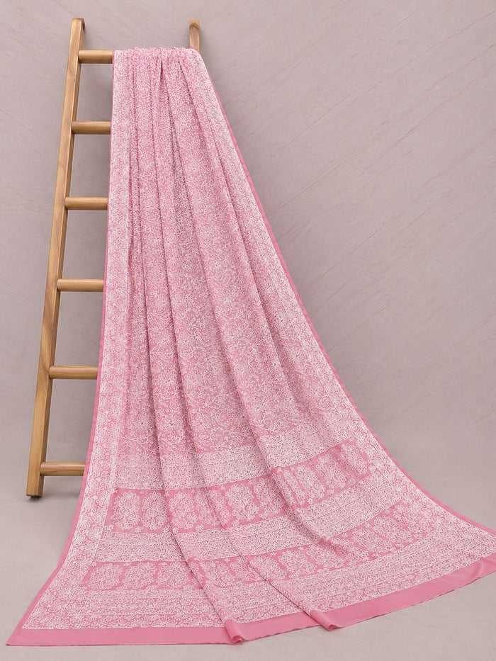 Indiehaat | Pink Georgette Chikankari Saree | Party Wear