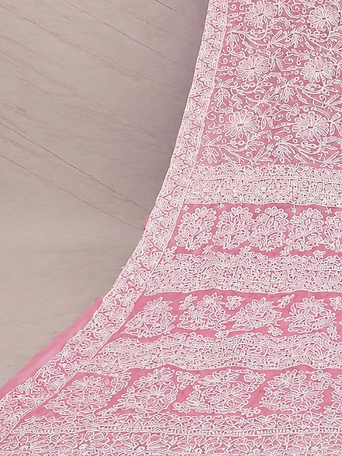 Indiehaat | Pink Georgette Chikankari Saree | Party Wear