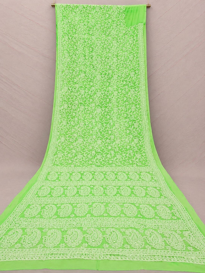 Indiehaat | Green Georgette Chikankari Saree | Party Wear