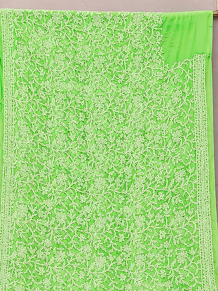 Indiehaat | Green Georgette Chikankari Saree | Party Wear