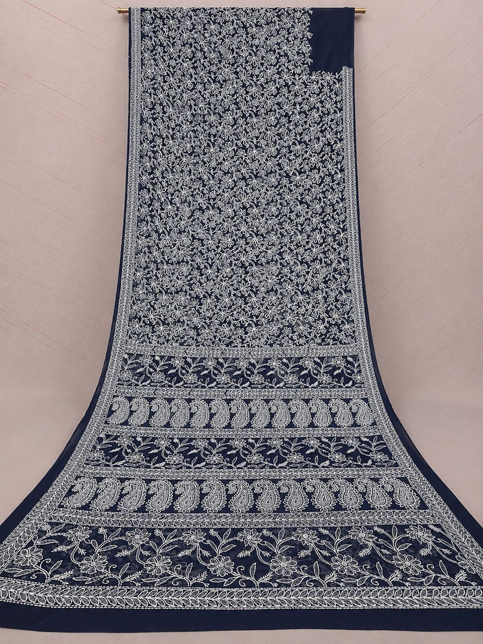 Indiehaat | Blue Georgette Chikankari Saree | Party Wear