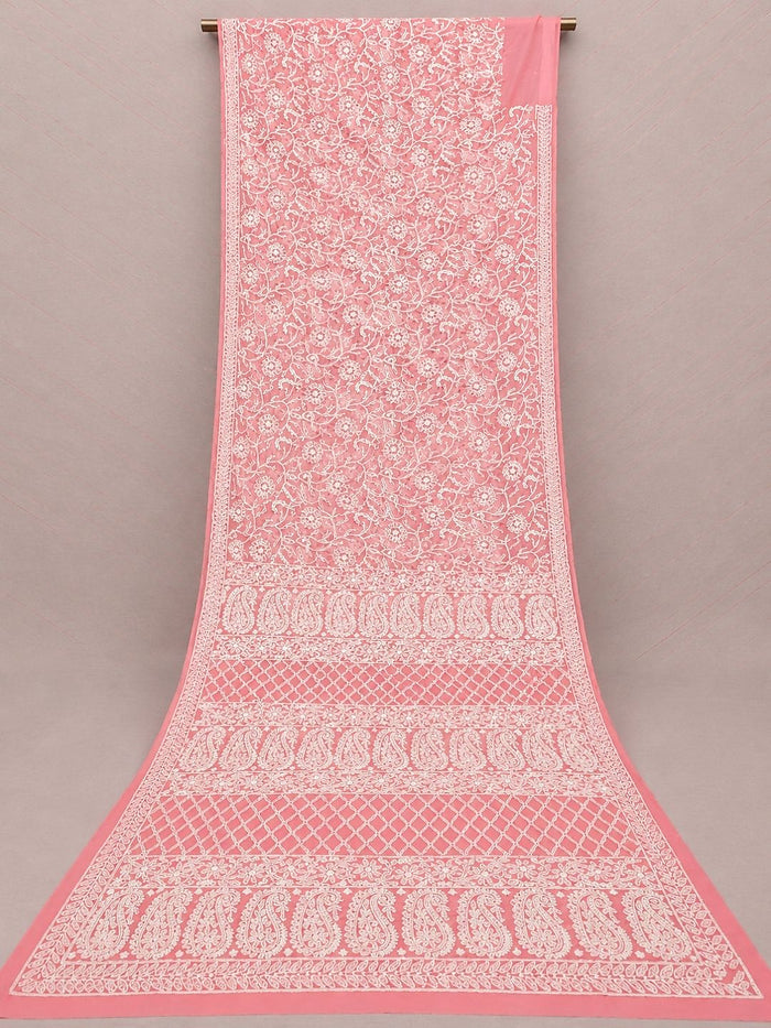 Indiehaat | Peach Georgette Chikankari Saree | Party Wear