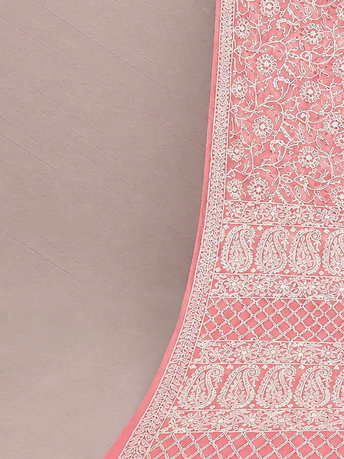 Indiehaat | Peach Georgette Chikankari Saree | Party Wear