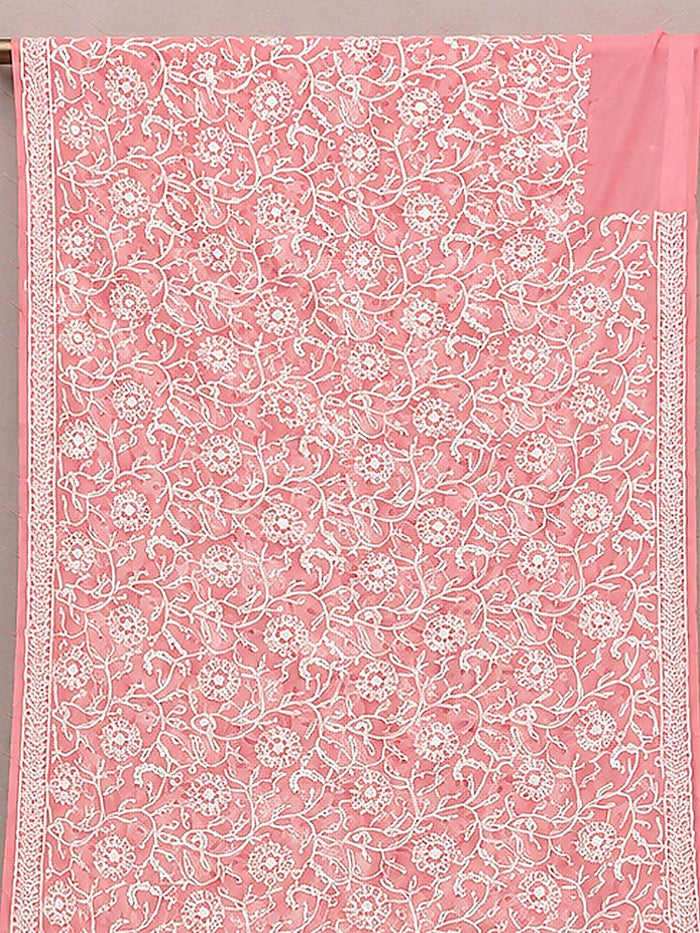 Indiehaat | Peach Georgette Chikankari Saree | Party Wear