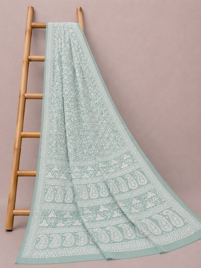 Indiehaat | Green Georgette Chikankari Saree | Party Wear