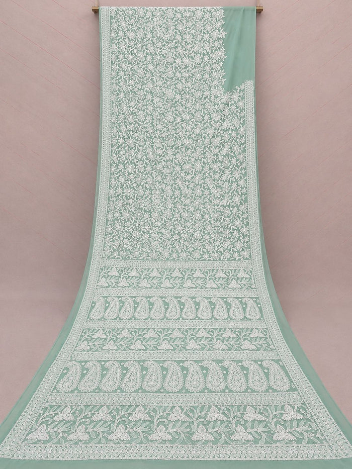 Indiehaat | Green Georgette Chikankari Saree | Party Wear