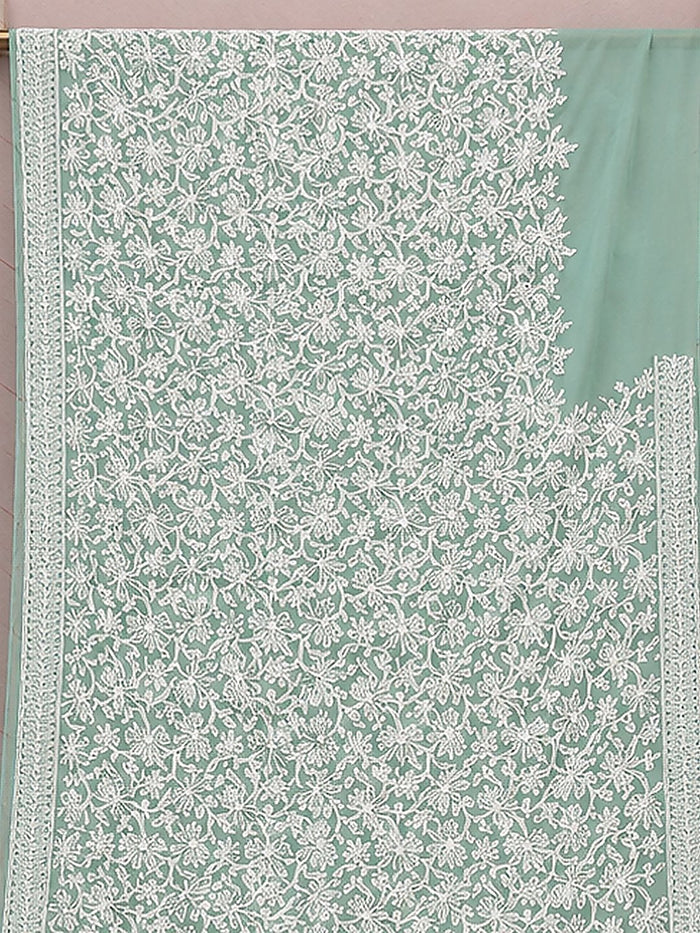Indiehaat | Green Georgette Chikankari Saree | Party Wear