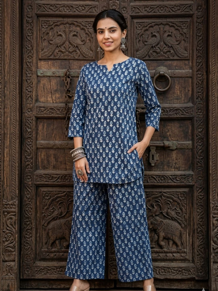 Indiehaat | Blockprinted Cotton Co-Ord Set Blue