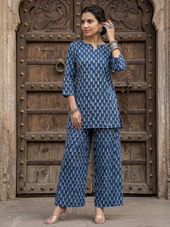 Indiehaat | Blockprinted Cotton Co-Ord Set Blue