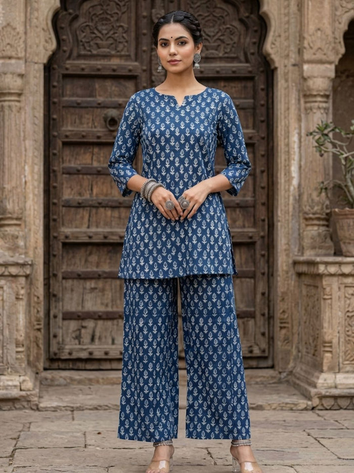 Indiehaat | Blockprinted Cotton Co-Ord Set Blue