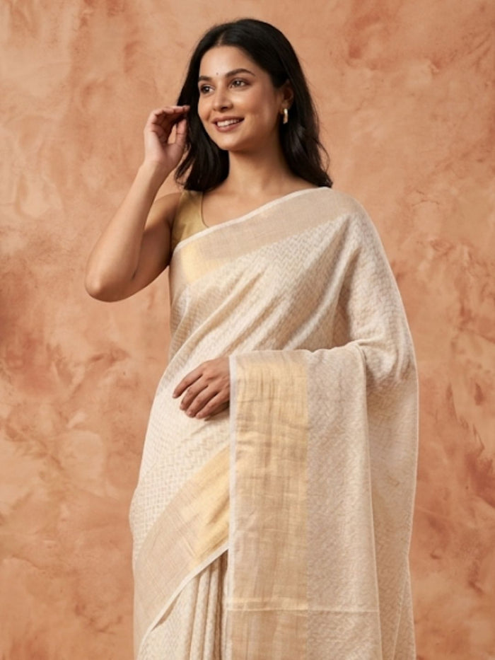 Indiehaat | Hand Dyed Kota Banarasi Silk Saree Beige