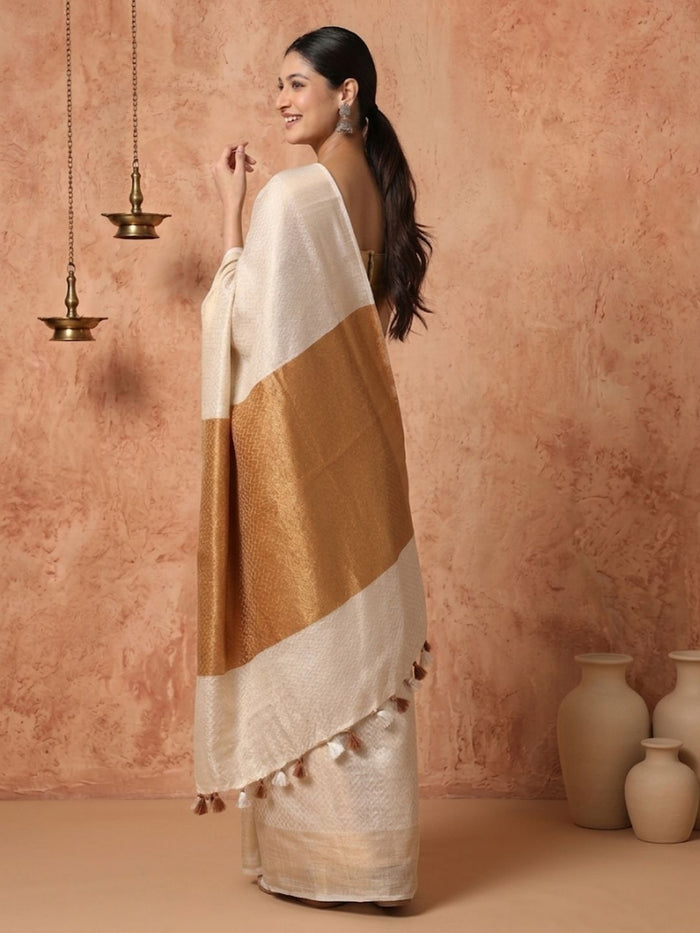 Indiehaat | Hand Dyed Kota Banarasi Silk Saree Beige