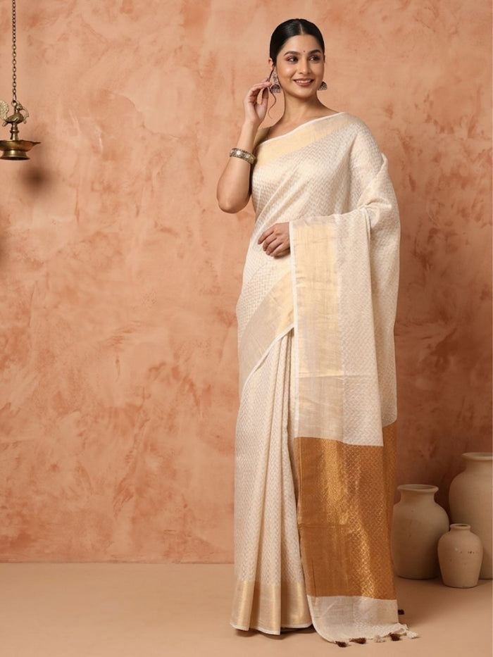Indiehaat | Hand Dyed Kota Banarasi Silk Saree Beige