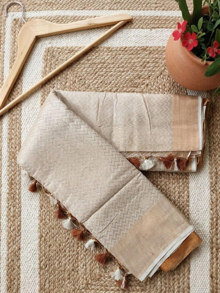 Indiehaat | Hand Dyed Kota Banarasi Silk Saree Beige