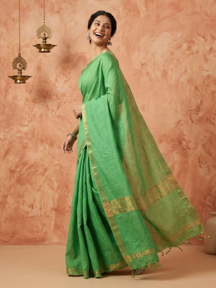 Indiehaat | Hand Dyed Kota Banarasi Silk Saree Green