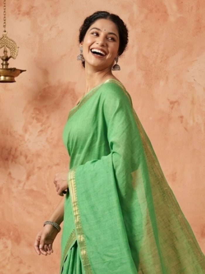 Indiehaat | Hand Dyed Kota Banarasi Silk Saree Green