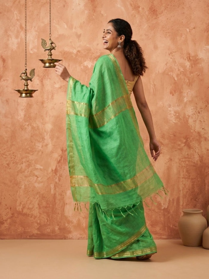 Indiehaat | Hand Dyed Kota Banarasi Silk Saree Green