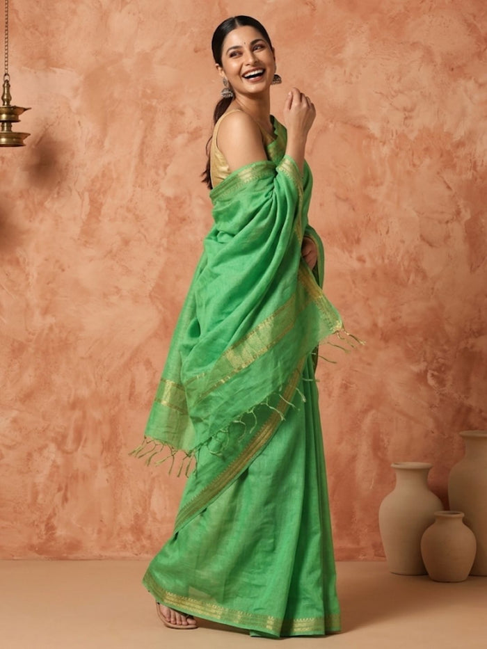 Indiehaat | Hand Dyed Kota Banarasi Silk Saree Green