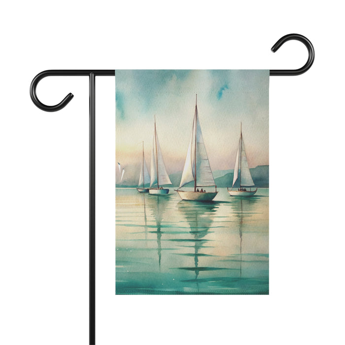 Decorative garden flag with sailboats on a pole