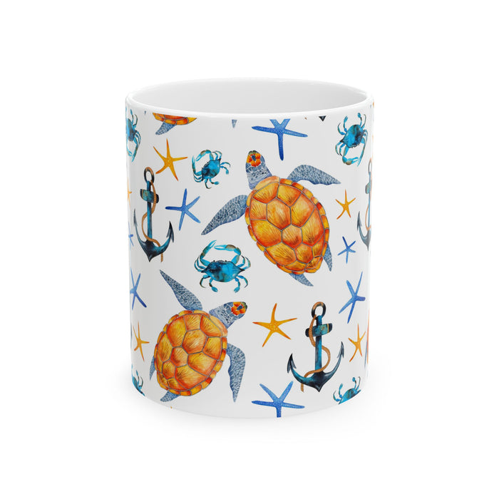 Sea Turtle Coffee Mug – Ocean Beach Ceramic Cup with Crabs & Anchors, 11oz/15oz