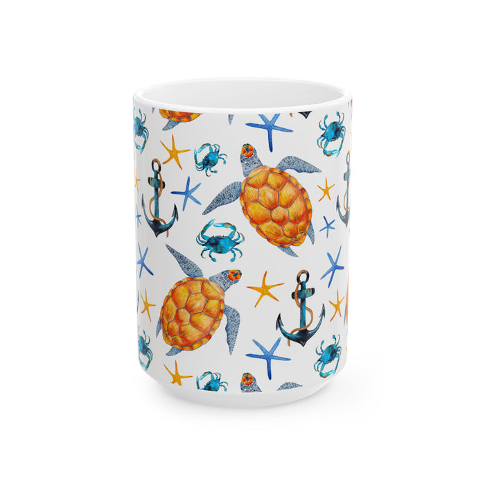 Sea Turtle Coffee Mug – Ocean Beach Ceramic Cup with Crabs & Anchors, 11oz/15oz