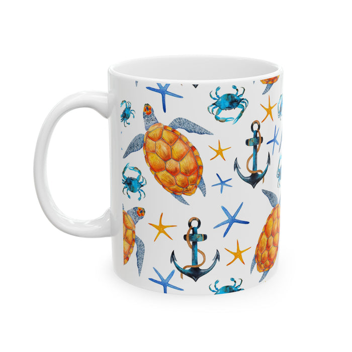 Sea Turtle Coffee Mug – Ocean Beach Ceramic Cup with Crabs & Anchors, 11oz/15oz