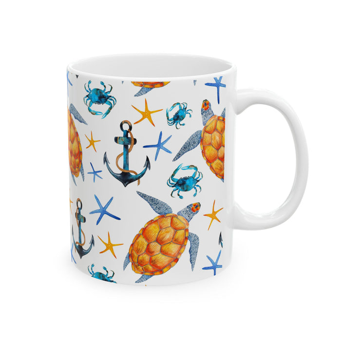 Sea Turtle Coffee Mug – Ocean Beach Ceramic Cup with Crabs & Anchors, 11oz/15oz
