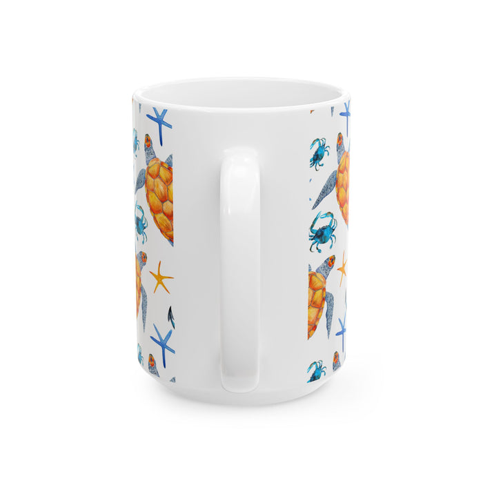 Sea Turtle Coffee Mug – Ocean Beach Ceramic Cup with Crabs & Anchors, 11oz/15oz