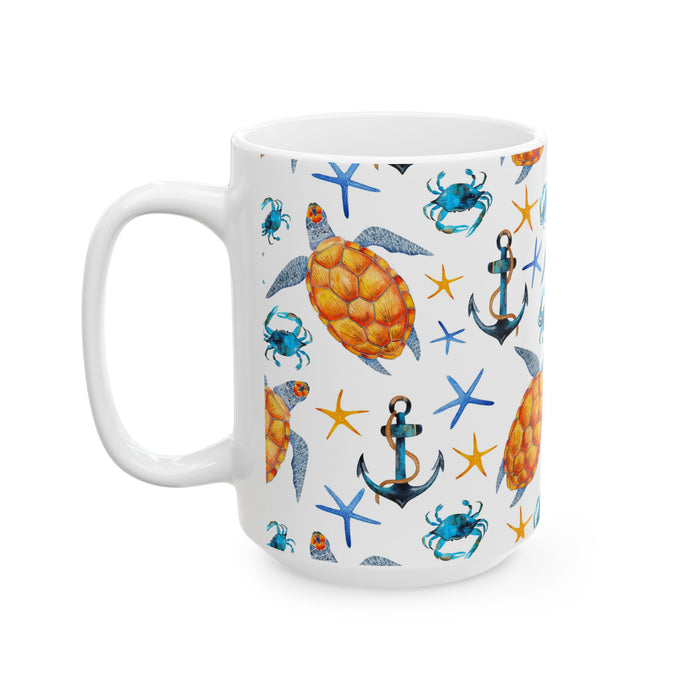 Sea Turtle Coffee Mug – Ocean Beach Ceramic Cup with Crabs & Anchors, 11oz/15oz